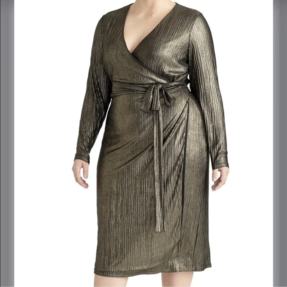 Rachel Roy Collection Pleated Metallic Wrap Dress Black & Gold 2X NWT
